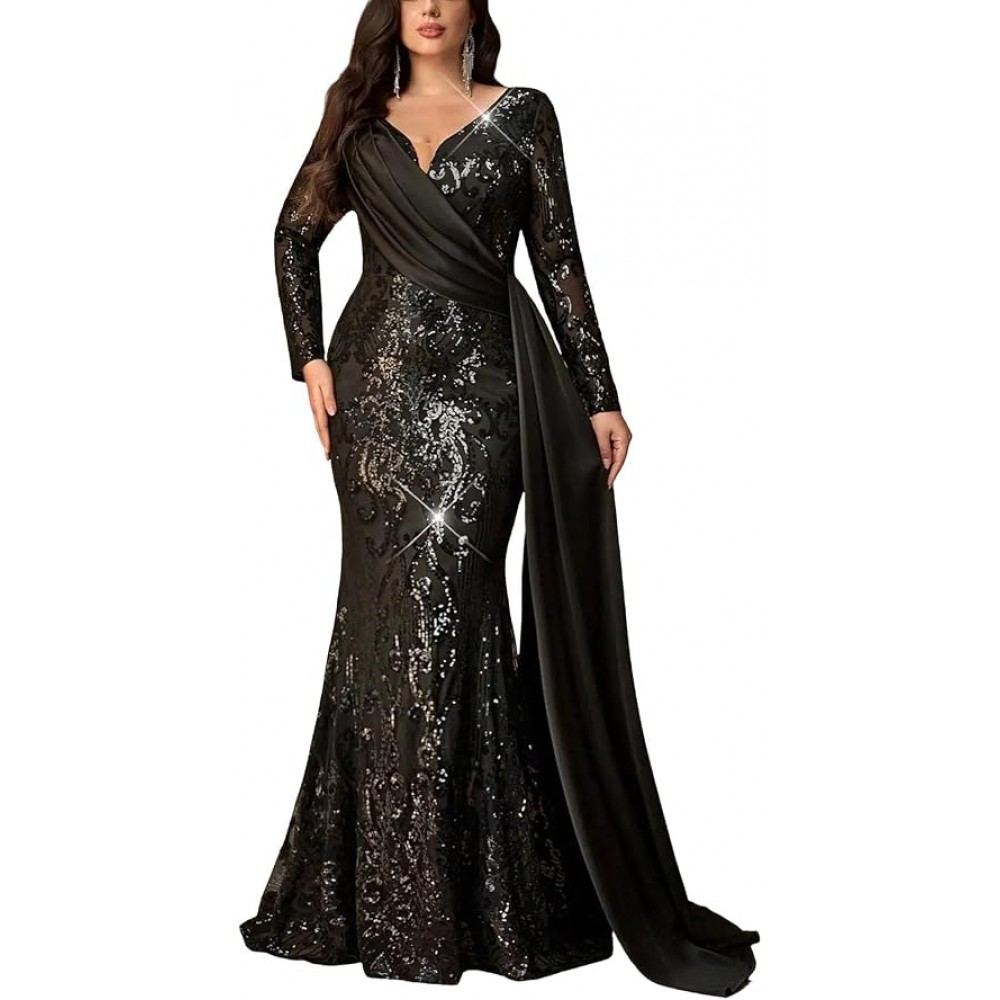 Women Sequin Maxi Dress Black V Neck Long Sleeve Fishtail Satin Drape Evening Gown for Formal Event