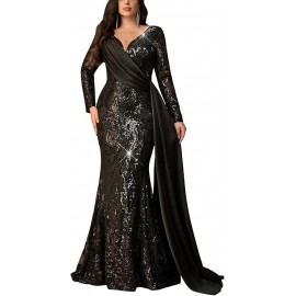 Women Sequin Maxi Dress Black V Neck Long Sleeve Fishtail Satin Drape Evening Gown for Formal Event