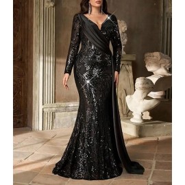 Women Sequin Maxi Dress Black V Neck Long Sleeve Fishtail Satin Drape Evening Gown for Formal Event