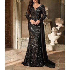 Women Sequin Maxi Dress Black V Neck Long Sleeve Fishtail Satin Drape Evening Gown for Formal Event