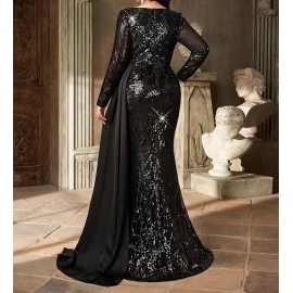 Women Sequin Maxi Dress Black V Neck Long Sleeve Fishtail Satin Drape Evening Gown for Formal Event