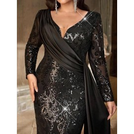 Women Sequin Maxi Dress Black V Neck Long Sleeve Fishtail Satin Drape Evening Gown for Formal Event