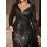 Women Sequin Maxi Dress Black V Neck Long Sleeve Fishtail Satin Drape Evening Gown for Formal Event