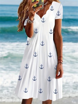 Plus Size Casual Dress, Women's Plus Anchor Print Floral Trim Short Sleeve V Neck Dress