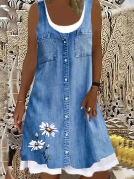 Plus Size Casual Dress, Women's Plus Floral & Denim Print Round Neck Loose Tank Dress