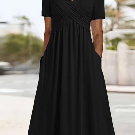 Plus Size Solid V Neck Dress, Casual Criss Cross Short Sleeve Dress For Spring & Summer, Women's Plus Size Clothing