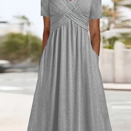 Plus Size Solid V Neck Dress, Casual Criss Cross Short Sleeve Dress For Spring & Summer, Women's Plus Size Clothing