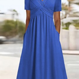 Plus Size Solid V Neck Dress, Casual Criss Cross Short Sleeve Dress For Spring & Summer, Women's Plus Size Clothing