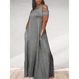 Plus Size Cutout Solid Side Cross Dress, Casual Crew Neck Short Sleeve Ankle Dress, Women's Plus Size Clothing