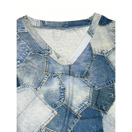 Plus Size Womens Denim-Inspired Dress - Fashionable & Comfortable V Neck Design with Slight Stretch and Handy Pockets for a Flattering Casual Look