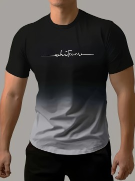 Men's Fashion Gradient Color Sports T-shirt, Casual Stretch Round Neck Tee Shirt For Summer