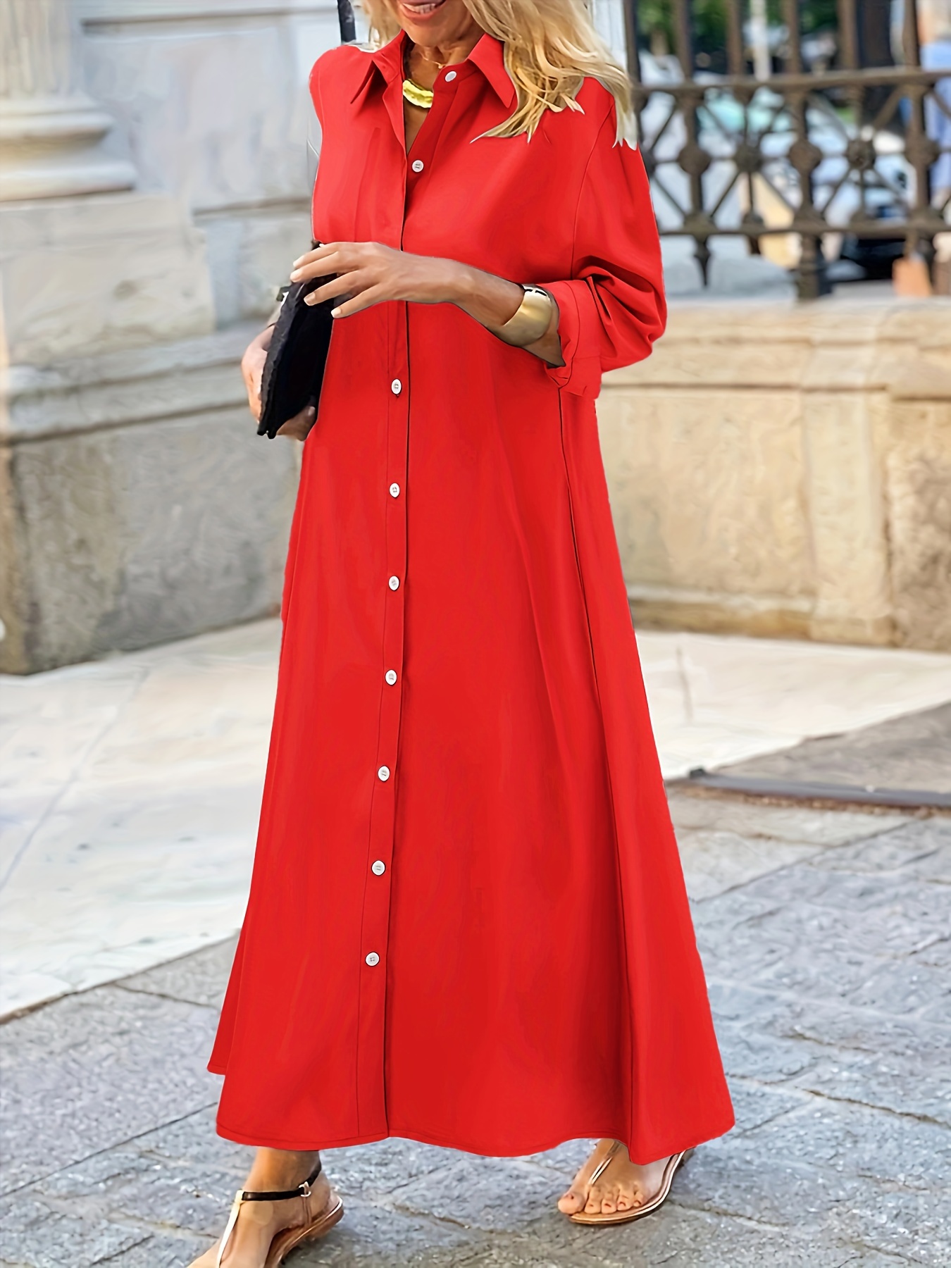 plus size button front solid dress casual collar long sleeve dress womens plus size clothing details 0