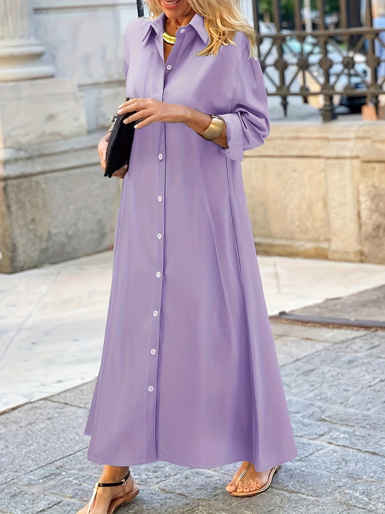 plus size button front solid dress casual collar long sleeve dress womens plus size clothing details 3
