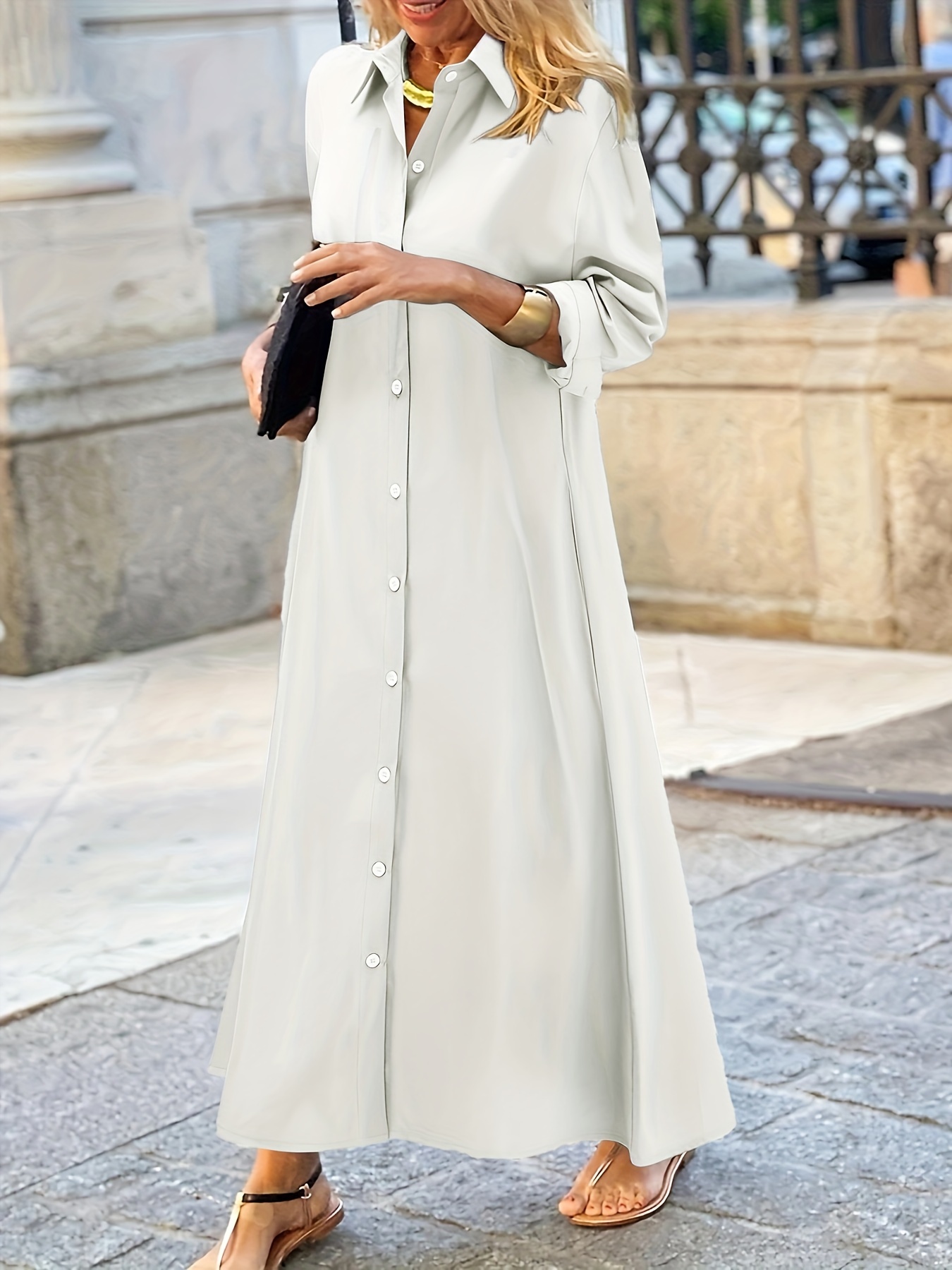 plus size button front solid dress casual collar long sleeve dress womens plus size clothing details 6