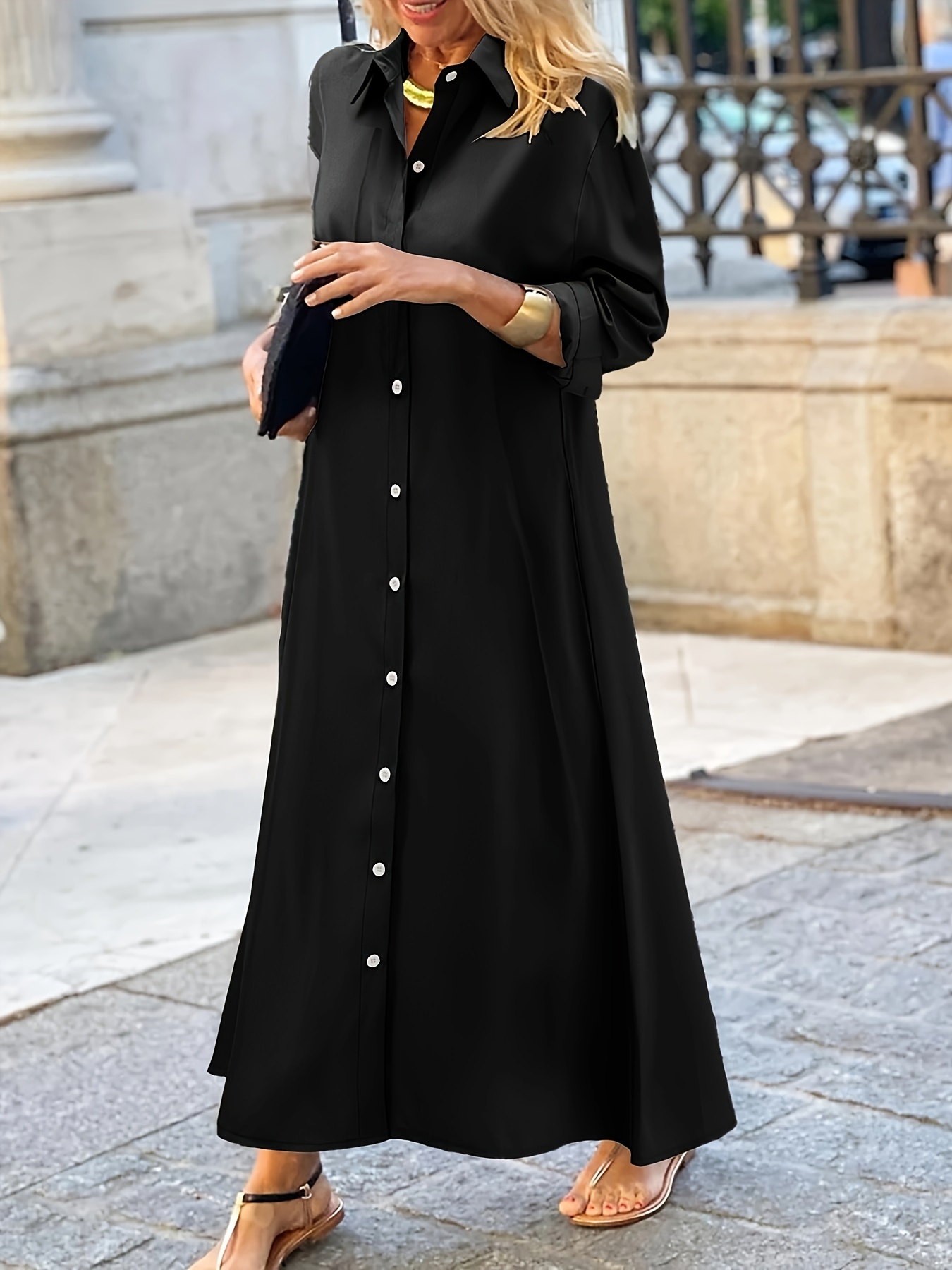 plus size button front solid dress casual collar long sleeve dress womens plus size clothing details 9